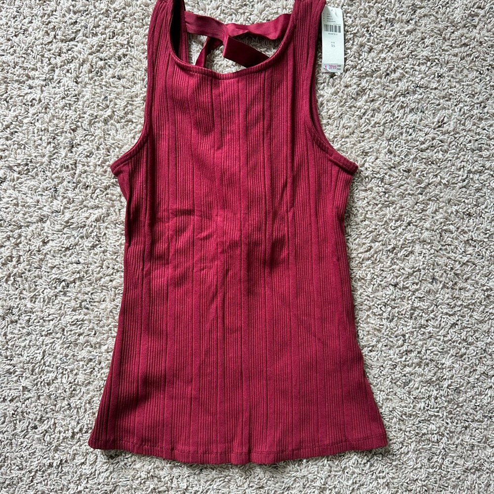 Women's Anthropologie Ribbed Burgundy Tank Top with Ribbon Detail on Back. XS
